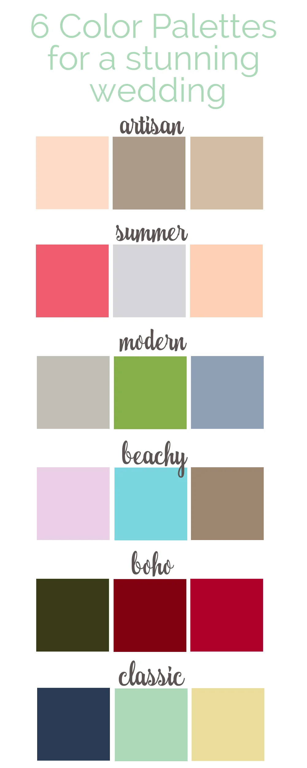 Six color palettes for a personalized, stunning wedding. Artisan muted color scheme. Summer bright and fun. Modern green and blue combination. Beachy aqua and purple style. Bohemian style with rich colors of reds. Classic timeless blues. 