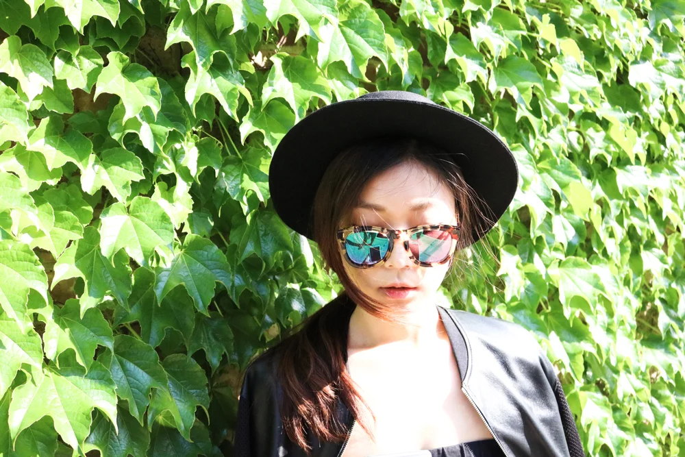 Wildfox Classic Fox Wayfarer Mirror Sunglasses , Urban Outfitters Flat-Top Boater Hat , Sandro Leather Jacket