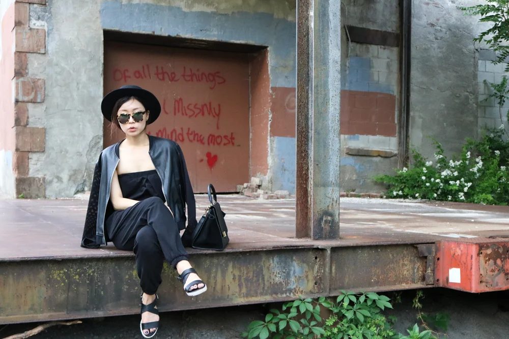 Wildfox Classic Fox Wayfarer Mirror Sunglasses , Urban Outfitters Flat-Top Boater Hat , Sandro Leather Jacket, Uniqlo Jumpsuit, Bamboo Sandal, Céline Bag