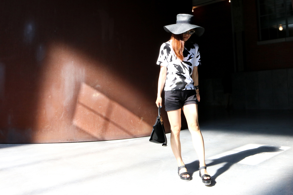 & Other Stories Hat , & Other Stories Sunglasses , Philosophy by Republic Dress (folded as top), H&M Shorts, COS Sandals , Céline Bag