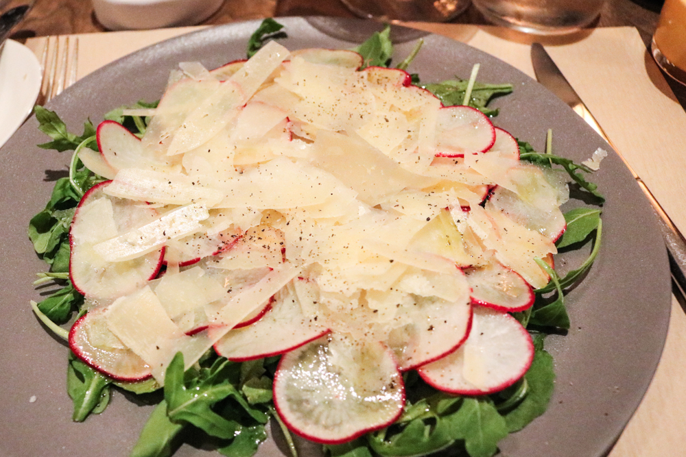 Arugula and Radish Salad, shaved sheep's milk cheese