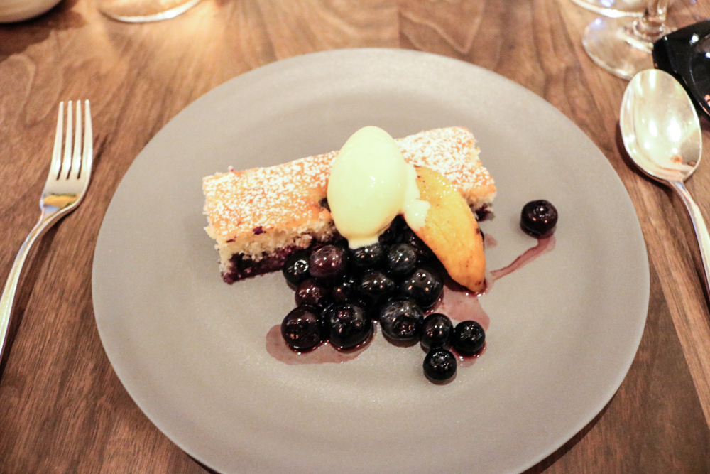 Blueberry Pound Cake, roasted peaches, corn ice cream