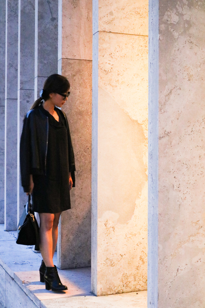 COS Draped-Neck Silk Dress, Sandro Leather Jacket, Via Spiga Nene Bootie, Céline Bag