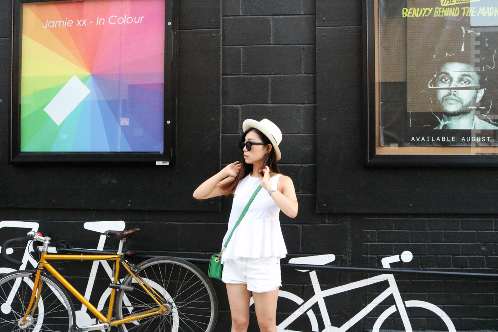 Muji Hat, Zara Top, Levis Shorts, J Crew Bag, Cluse La Bohème Mesh Silver/White Watch