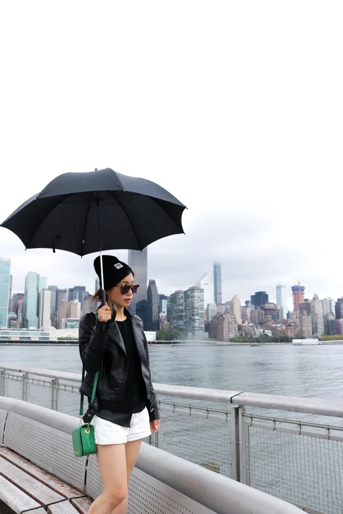 Muji Umbrella , Opening Ceremony Beanie , Wildfox Classic Fox Wayfarer Mirror Sunglasses , SOIA & KYO Leather Jacket, Zara Top, Levis Shorts, J.Crew Bag
