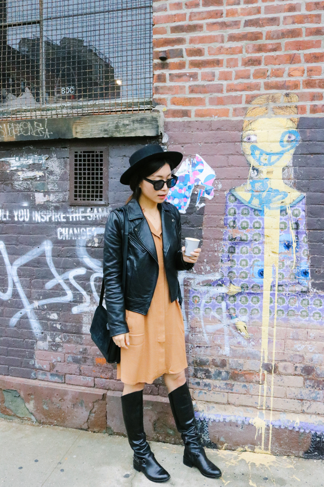 Urbanoutfitters Hat, SOIA & KYO Leather Jacket, Greylin Shirt Dress , French Connection Boots , Everlane Petra Crossbody Black