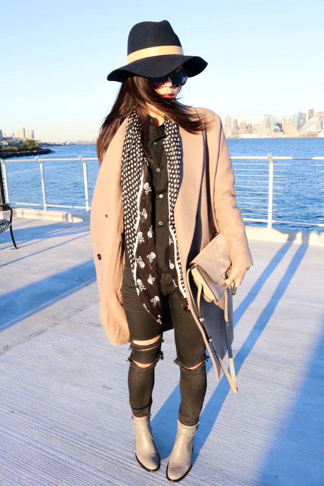Janessa Leone Hat, Wildfox Classic Fox Wayfarer Mirror Sunglasses , All Saints Coat , Zara Scarf, Comme des garcons black Shirt, Urbanoutfitters Pants, Chloé Bag , Helmut Lang Boots