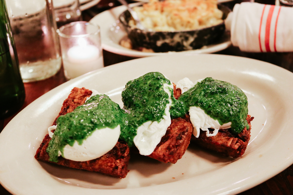 Potato Waffle Benedict , creamed spinach, parmesan, poached eggs