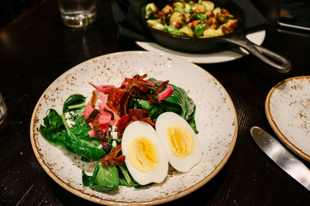 Warm Spinach Salad, Fingerling Potato, Pickled Red Onion, Soft Egg, Feta, Bacon Vinaigrette