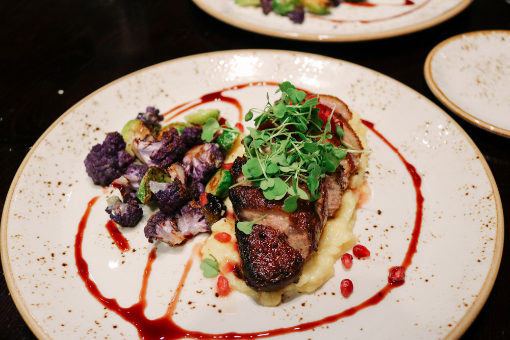 Muscovy Duck Breast, Parsnip Puree, Cauliflower, Brussels, Pomegranate Molasses