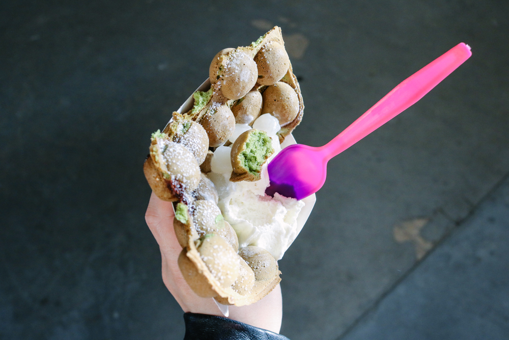 Matcha Green Tea with White Chocolate Chip, with ice cream toppped mochi with green tea pocky