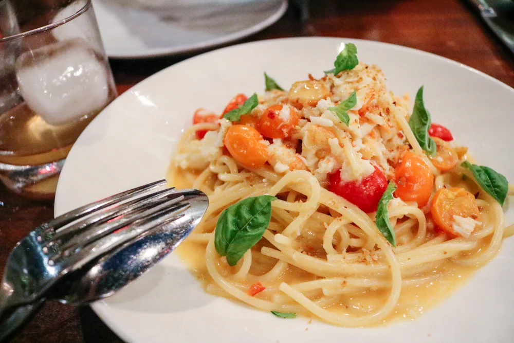Spaghetti Rustichella, live pacific dungeness crab, sugar snap peas, preserved lemon, mint
