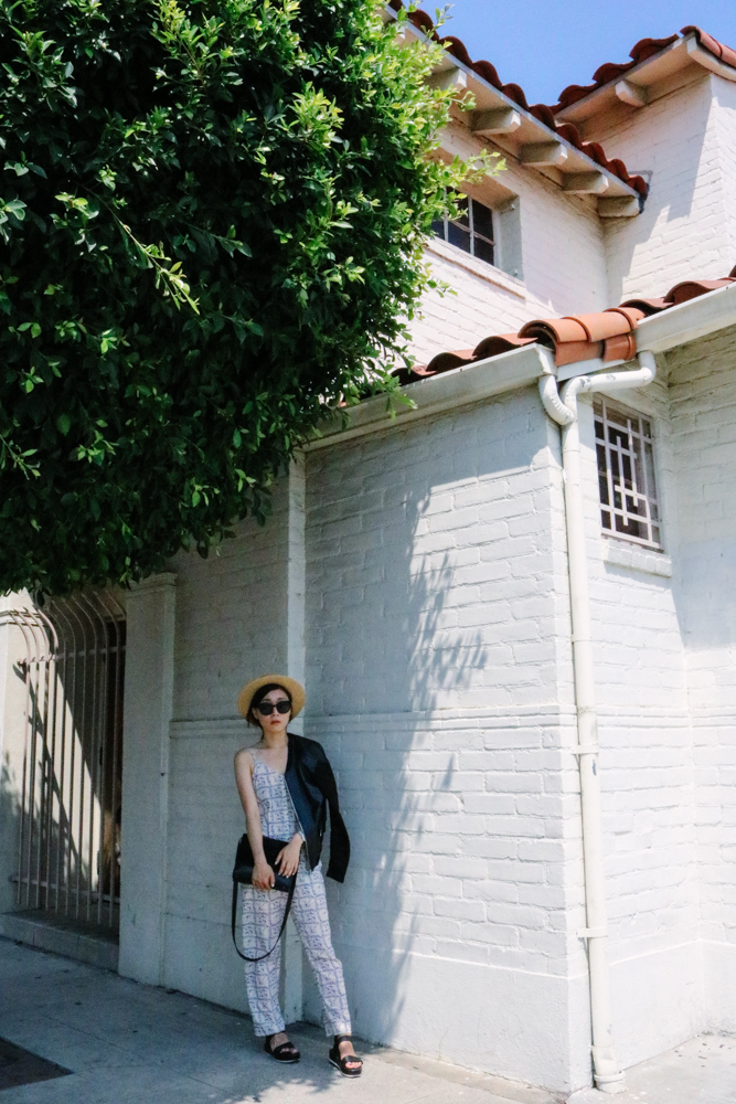 Urbanoutfitters Hat & Sunglasses, Sandro Jacket, &Other Stories Jumper, Everlane Petra Bag, COS Sandals
