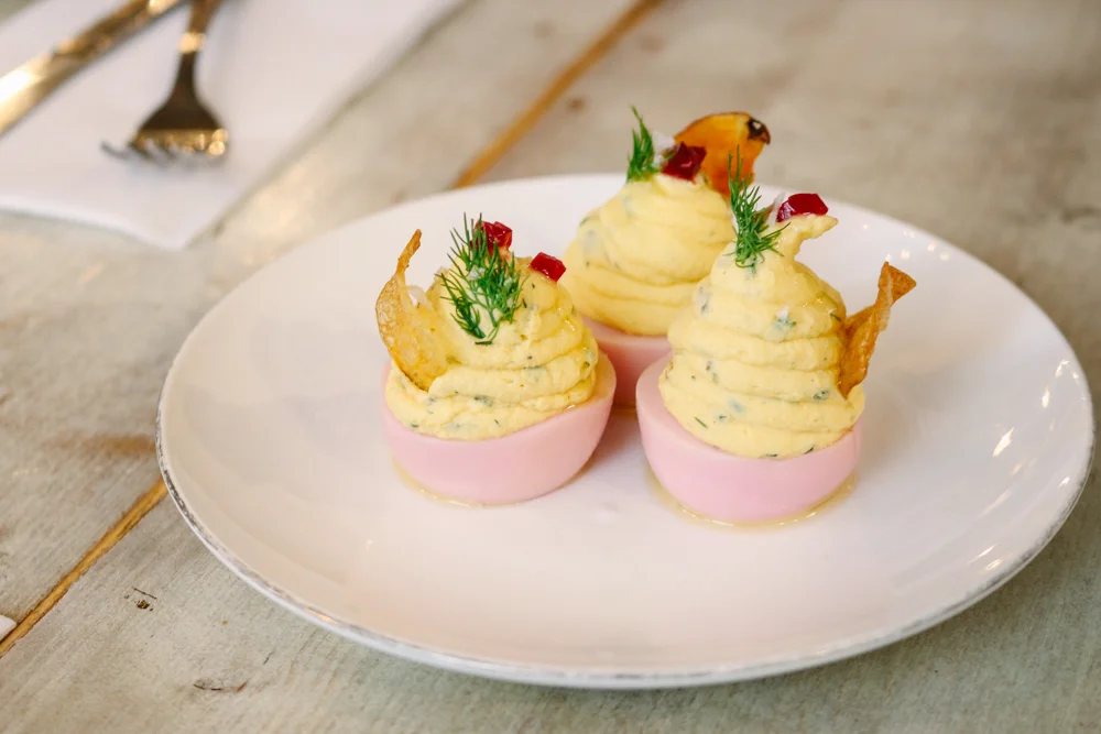 Drunken Deviled Eggs, handsome brook farm catskills NY eggs, pickled roots & chips (from Root & Bone )