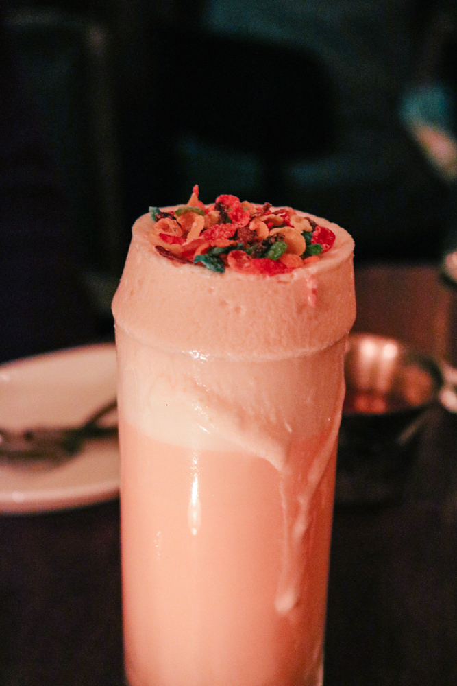 Bedrock Fizz, Old Tom Gin, Fruity Pebble Aperol, Apricot Brandy, Citrus, Egg White, Cream