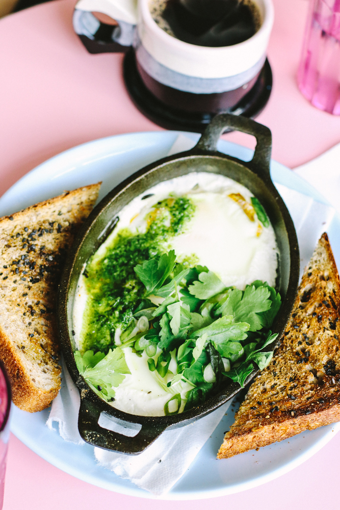 Yogurt Coddled Eggs, kaffir chermoula, chili butter, za'atar toast