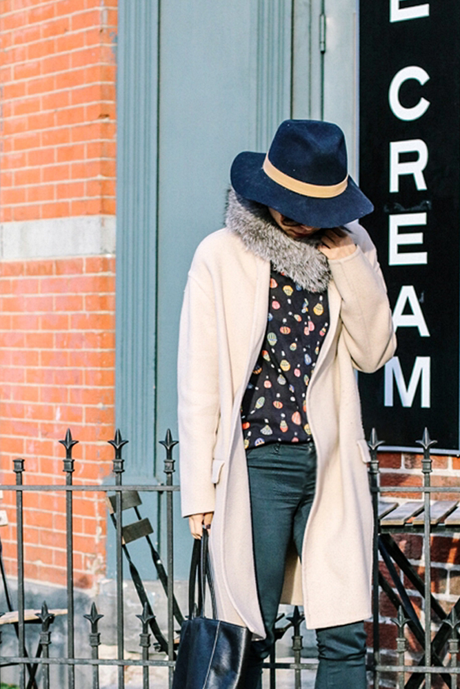 Janessa Leone Hat, Frr Fox Fur Scarf, Zara Shirt, W Concept Coat, J Brand Jean
