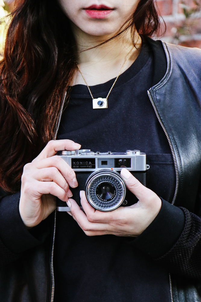 Camera Necklace , in 18K Gold Vermeil with Onyx gemstone on an adjustable 16" - 18" chain