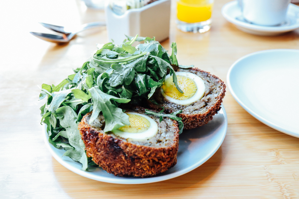 Scotch Egg, garlic sausage, maple syrup