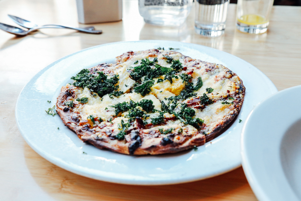 Grilled Breakfast Pizza, north country bacon, egg, ricotta, grana
