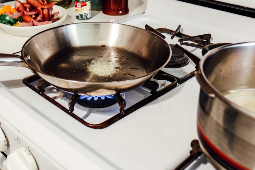 Heat a frying pan at medium high heat and add oil/butter.
