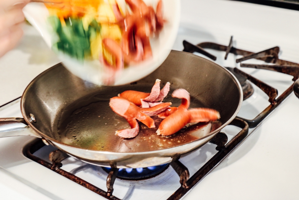 Add sausage pieces first.