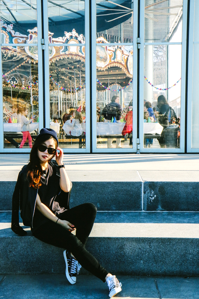 COS Beanie, The Row Sunglasses, Sandro Jacket, Everlane Shirt, Page Jean, Circo Sneakers
