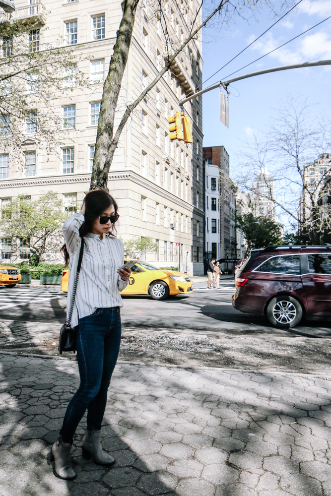 The Row Sunglasses, Ulla Johnson Shirt, Chanel Bag, Urbanoutfitters Jean, Hermit Lang Boots