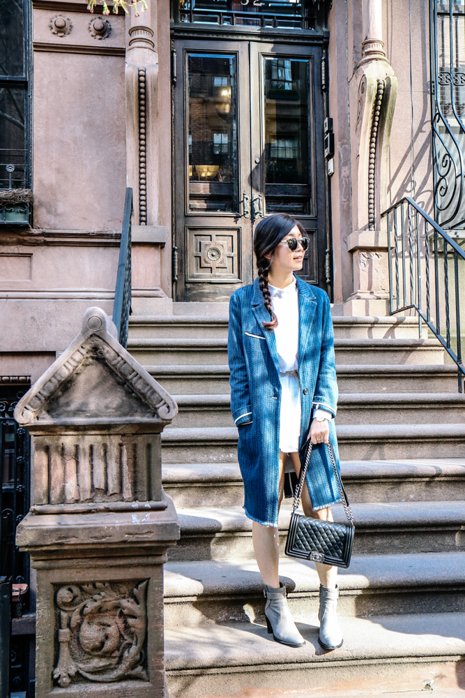 Isabel Marant Étoile Fara Coat, COS Blouse Skirt, Hermit Lang Boots, Chanel Bag, Illesteva Sunglasses