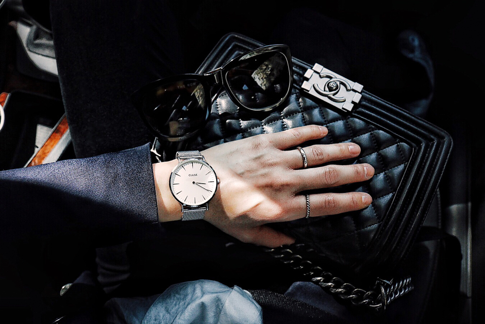 The Row Sunglasses, Cluse Watch, Tiffany rings, Chanel Bag