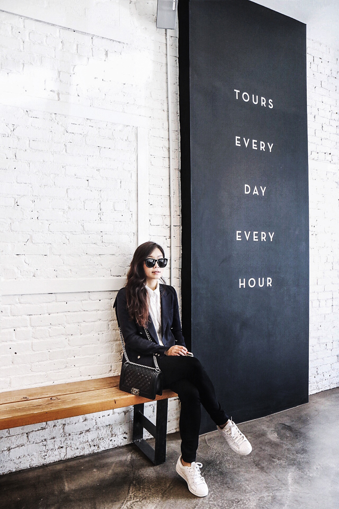 The Row Sunglasses, Zara Blazer, Vintage Shirt, Paige Jeans, Chanel Bag, Adidas Original Sneakers