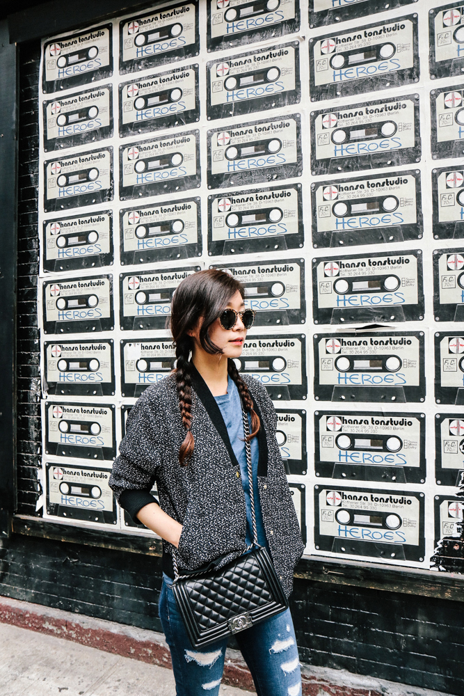 Illesteva Sunglasses, & Other Stories Jacket, Mango Shirt, J Brand Jean, Chanel Bag