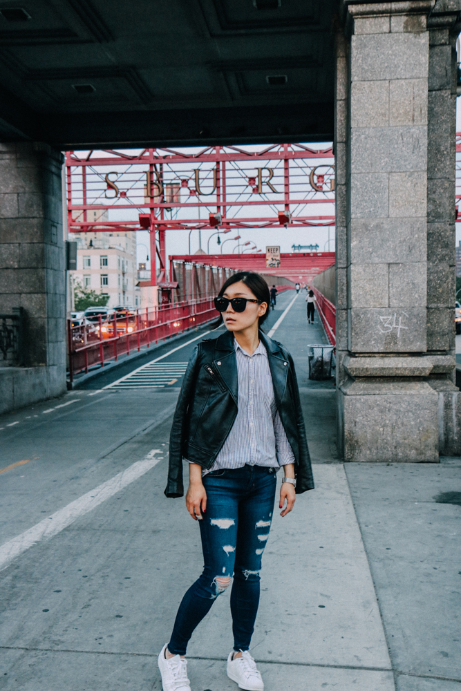 The Row Sunglasses, Soia & Kyo Jacket, Muji Shirt, J Brand Jean, Adidas Sneakers