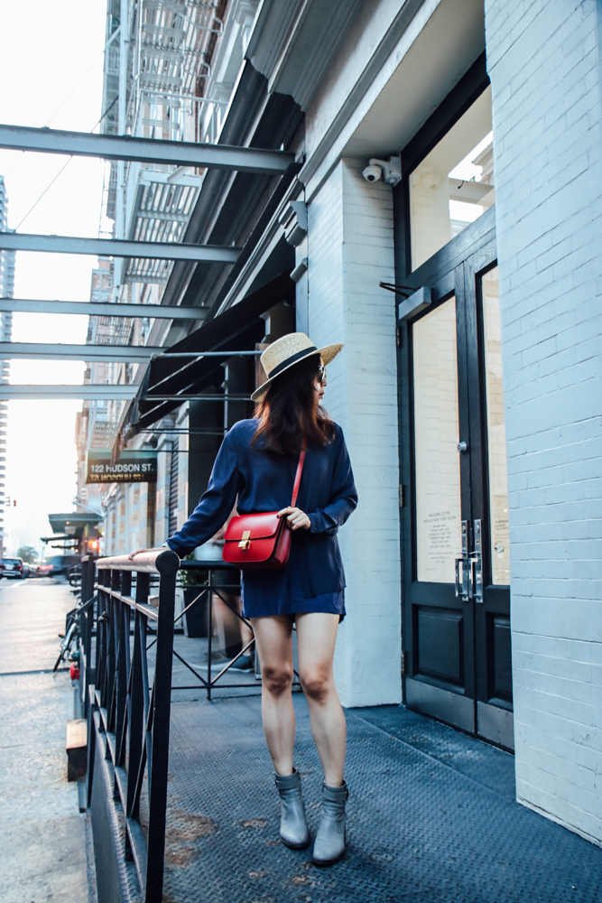 Janessa Leone Hat , Anthony Thomas Melillo Shirt, Grana Silk Shorts , Helmut Lang Boots, Céline Box Bag