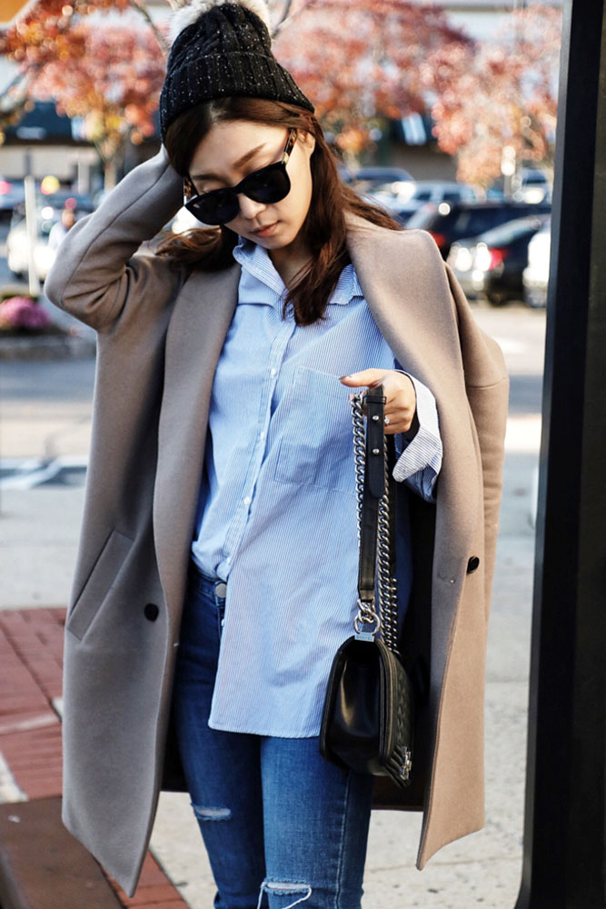 Barneys New York Beanie, The Row Sunglasses, All Saints Coat, Zara Shirt, Chanel Bag, Jeans from DDM Korea