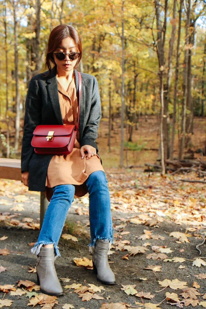 Illesteva Sunglasses, COS Blazer, Greylin Dress, Jeans from DDM Korea, Helmut Lang Boots, Céline Bag