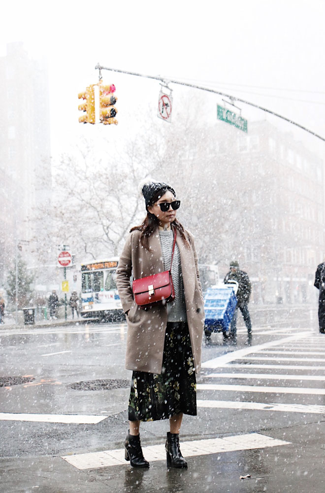 Barneys New York Beanie, The Row Sunglasses, H&M Sweater, Warm Dress, All Saints Coat, Via Spiga Boots, Céline Bag
