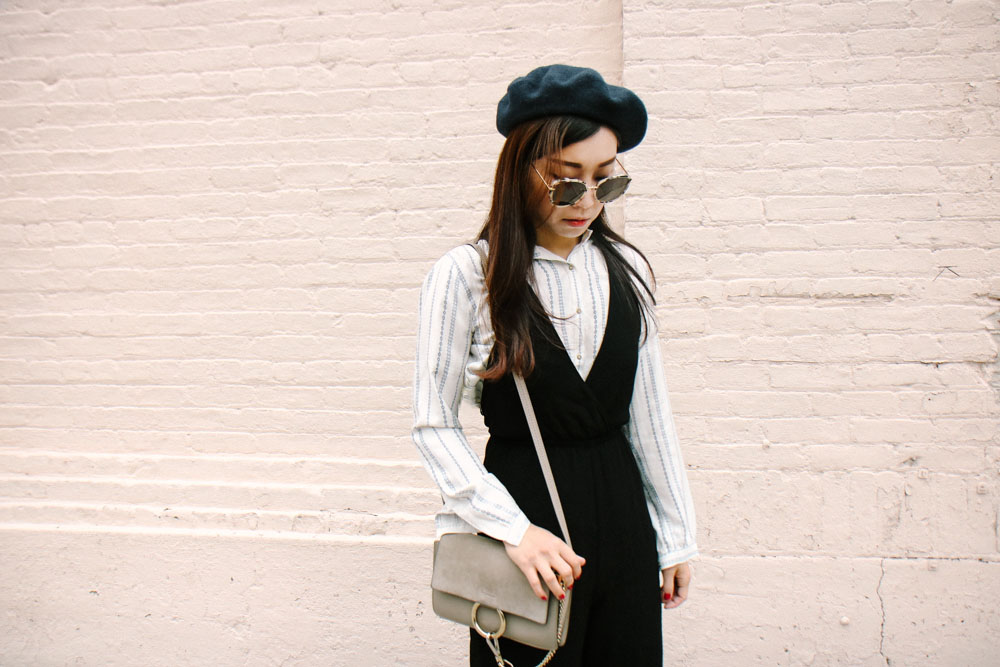 Zara Beret, Gentle Monster Sunglasses, Ulla Johnson Shirt, TOBI Jumpsuit, Chloé Bag