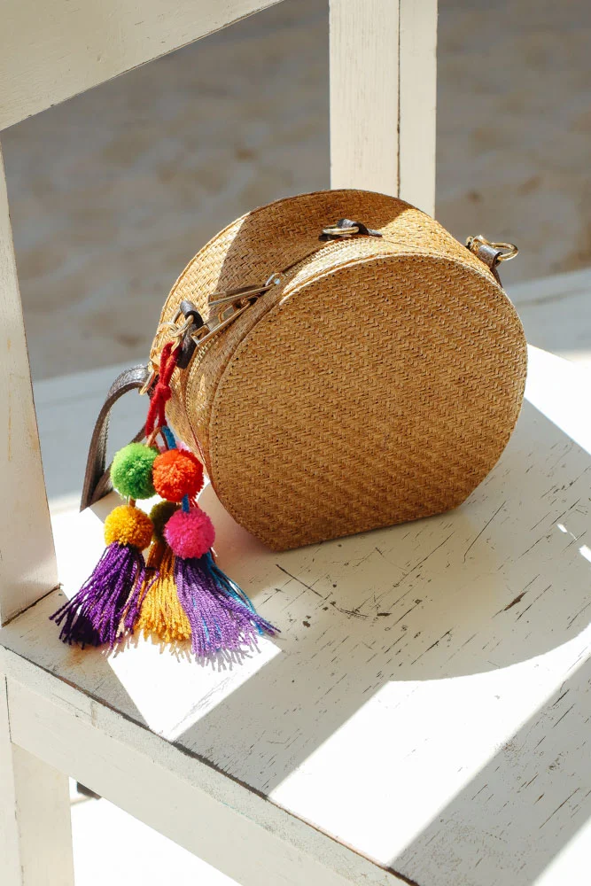 Round Woven Bag from The Frankie Shop with Handmade Pom Poms that I got from shop shown previously