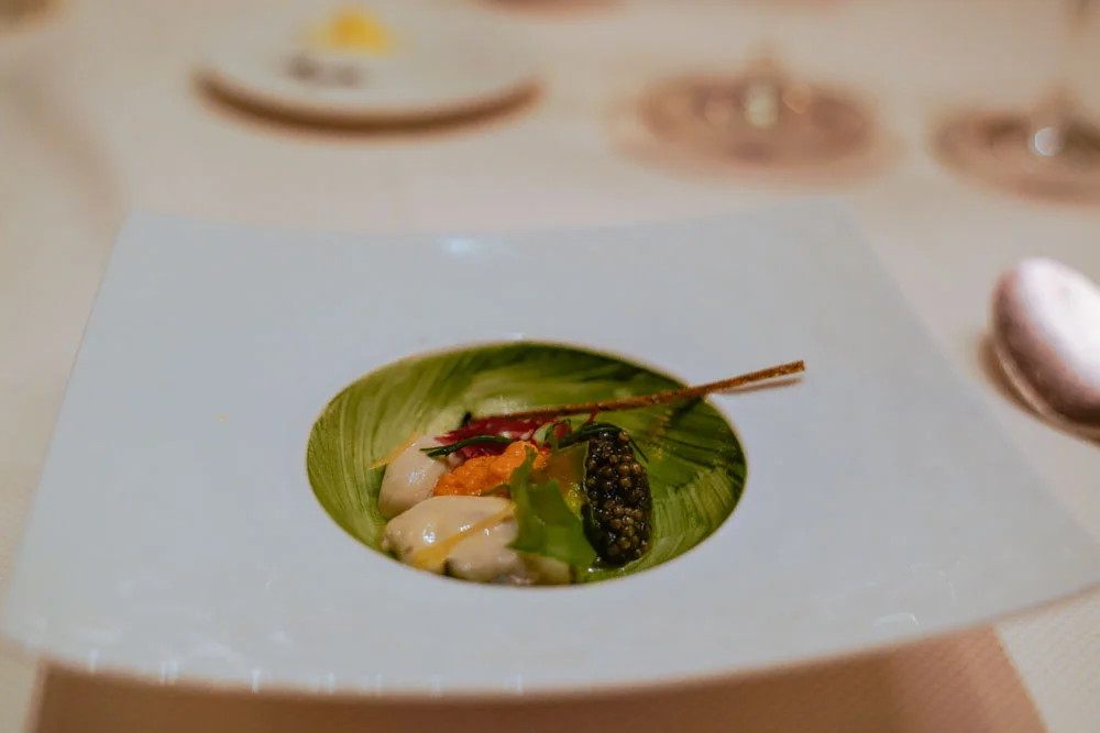 2nd Course: Huitre, Chilled Shigoku Oyster Meyer Lemon, Plankton-Chive Oil, White Sturgeon Caviar, Sea Urchin