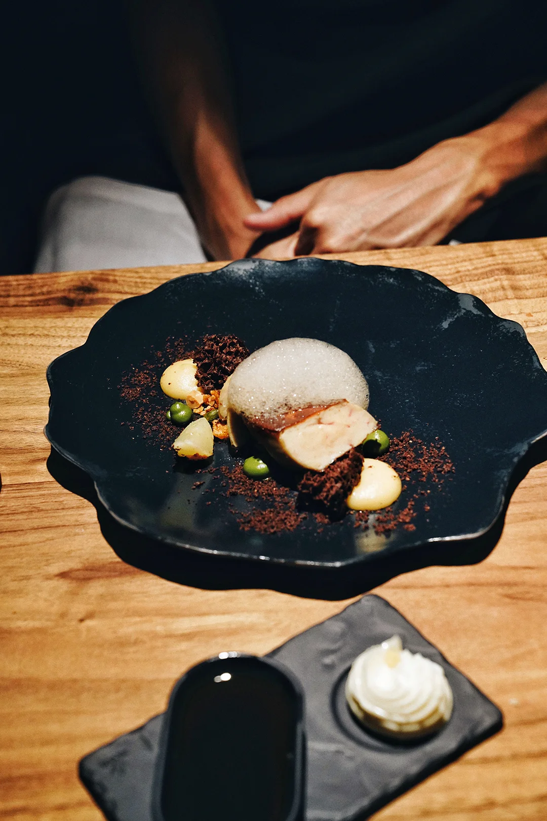 Seared foie gras, apple, granola, beetroot, coffee