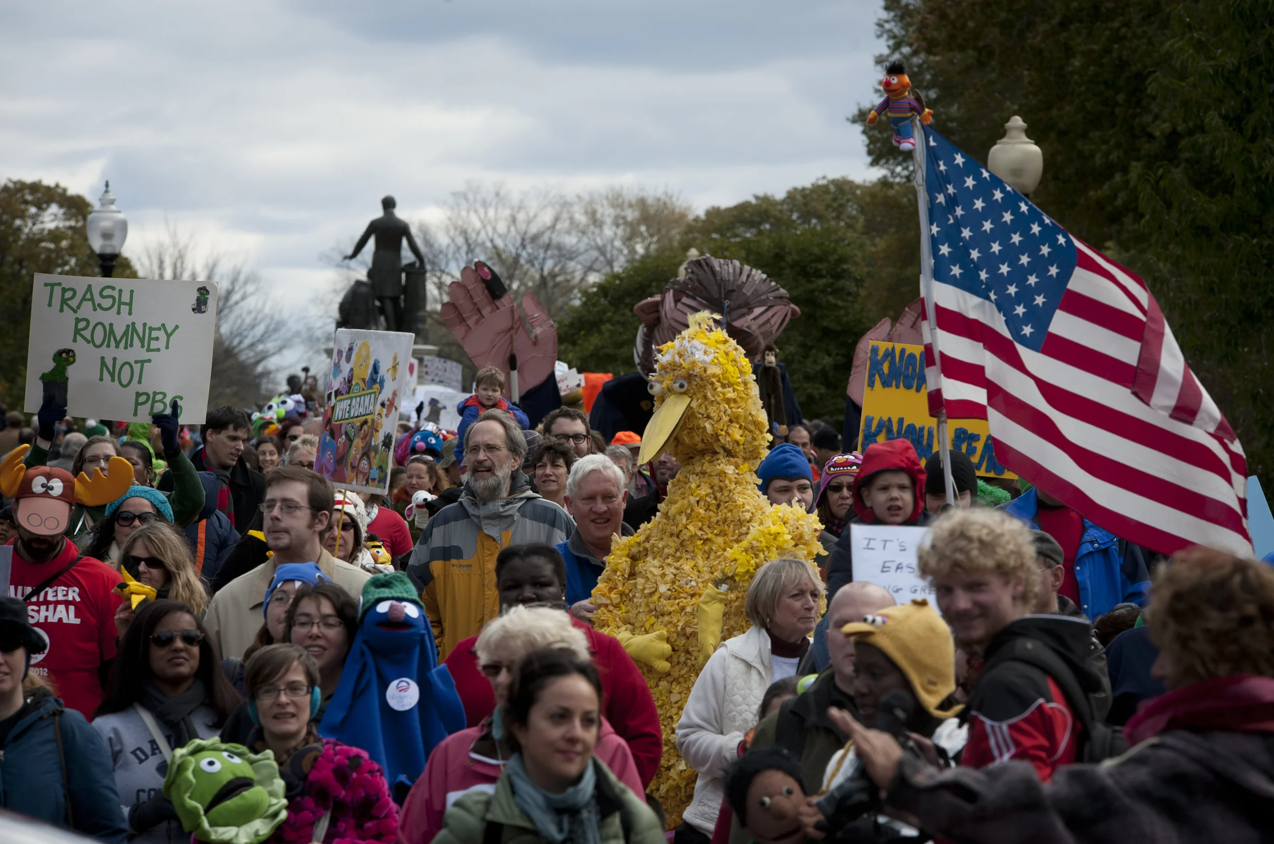  Protesters dressed as, or carrying, their favorite Muppets march to the Capitol at The Million Puppet March to Save PBS in Washington D.C. on November 3, 2012. 