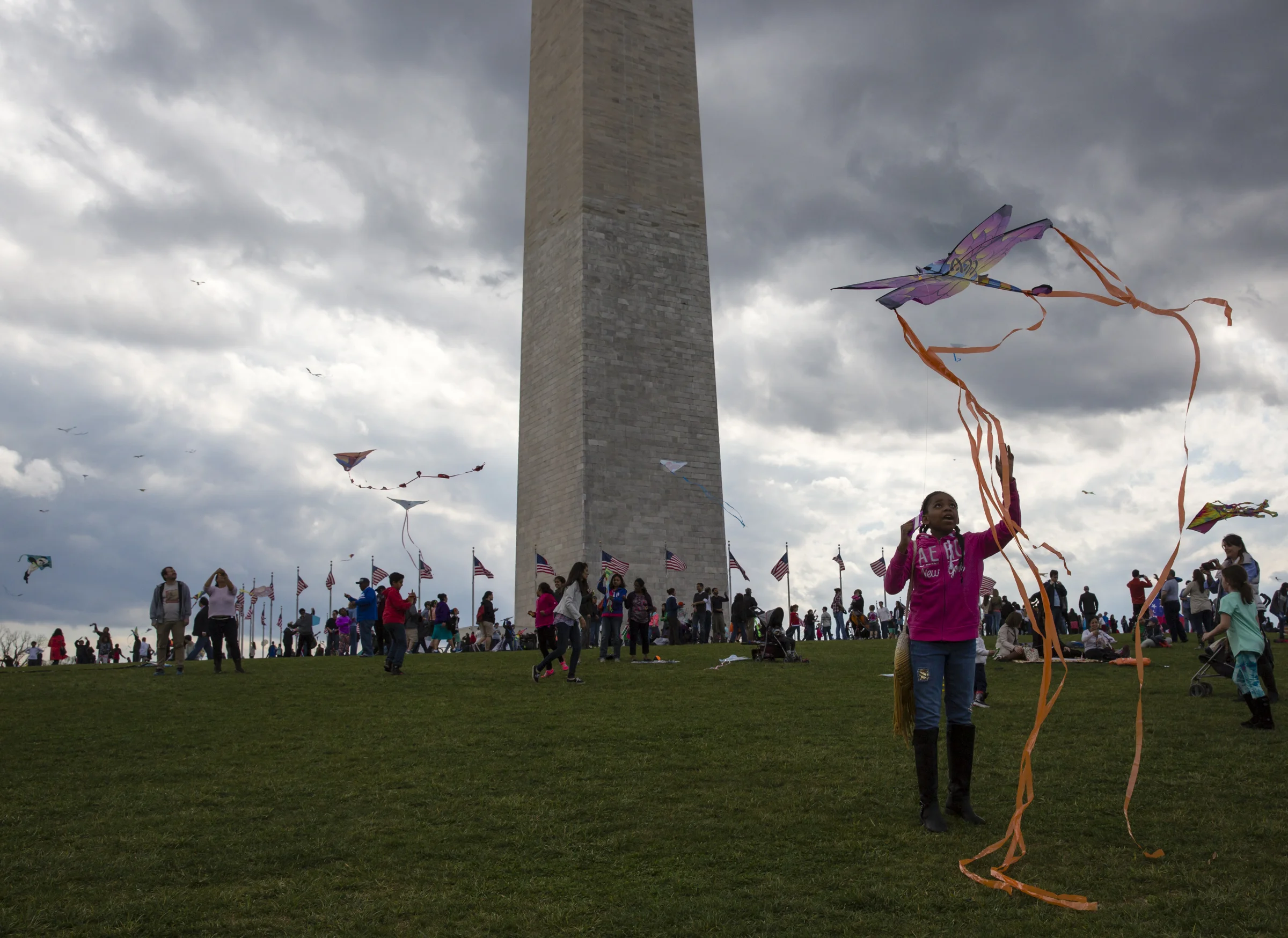 A variety of colorful kites were flown at The Blossom Kite Festival, April 2, 2016 at the National Monument, as part of the National Cherry Blossom Festival.