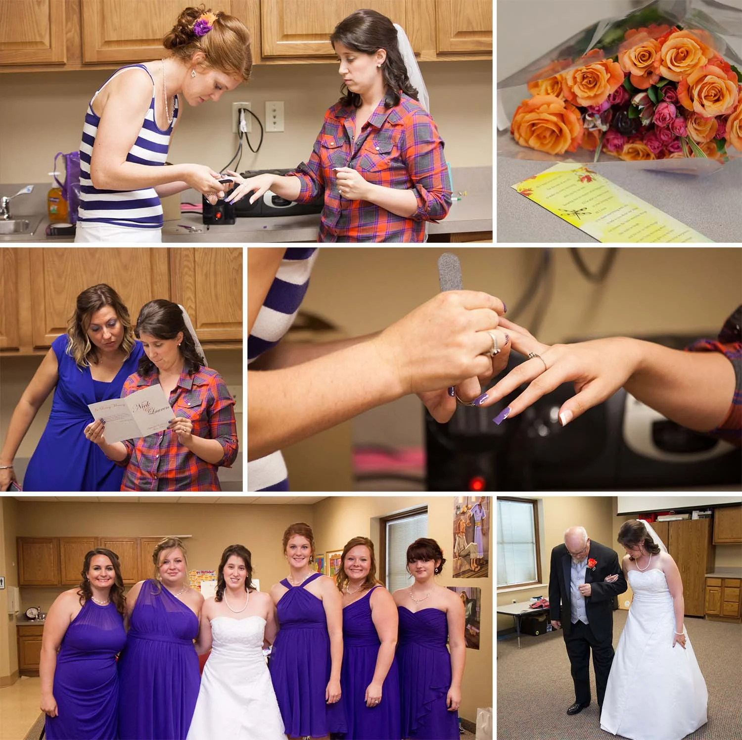 The ladies helping Lauren get ready, a gift from the groom, and the father of the bride practicing walking his only daughter down the aisle.