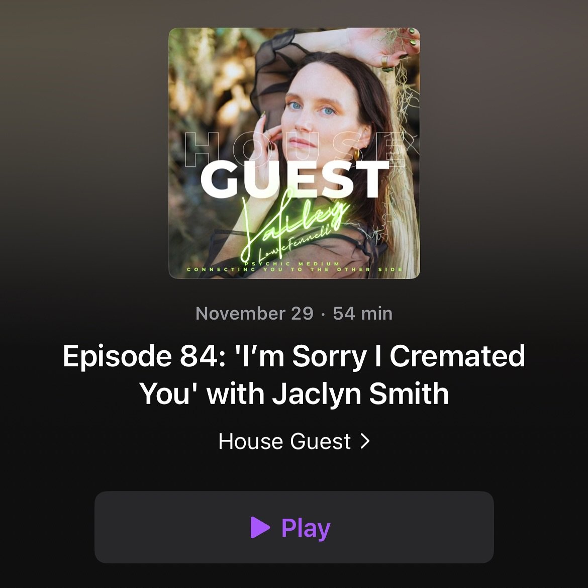 On episode 84 of House Guest Hailey gives a reading to Author and Comedian Jaclyn Smith. They connect in with both of her parents and Grand Parents and then after the reading they go into an interview about Jaclyn&rsquo;s debut novel and the hilarity