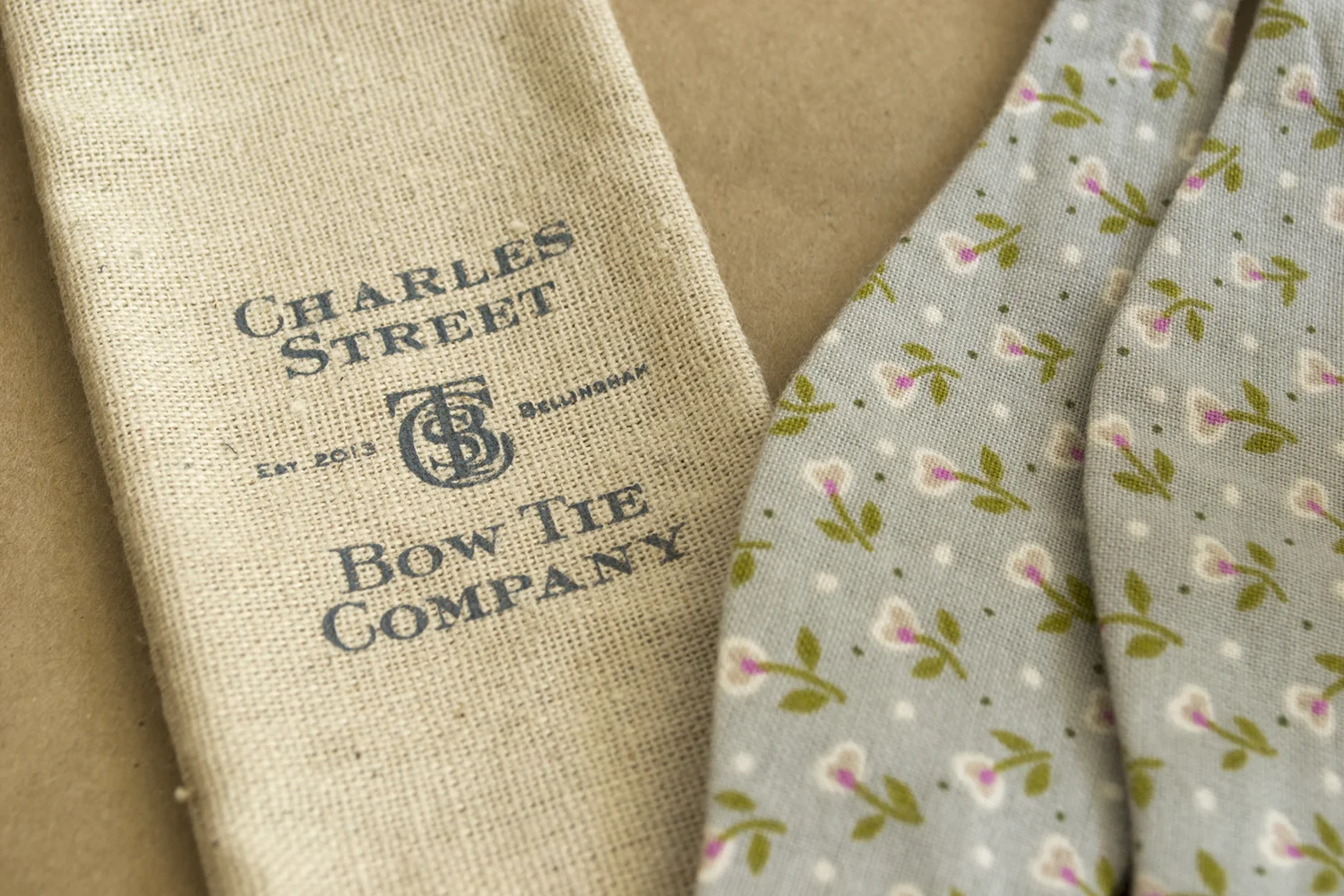Detail shot of Linen travel case and Basil bow tie