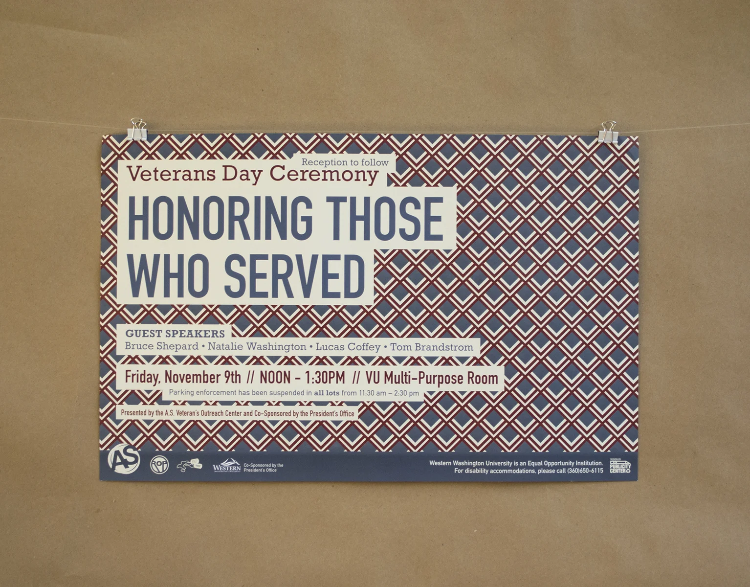 The series of publicity I did for the annual Veteran's Day Ceremony came with an interesting set of restrictions: Red white and blue were a requirement, but they didn't want me to use any imagery showing war, soldiers, people, or any tools and supplies (such as dog tags, helmets, guns, or boots.) I used a simple pattern and carefully planned typography to emulate a flag. 