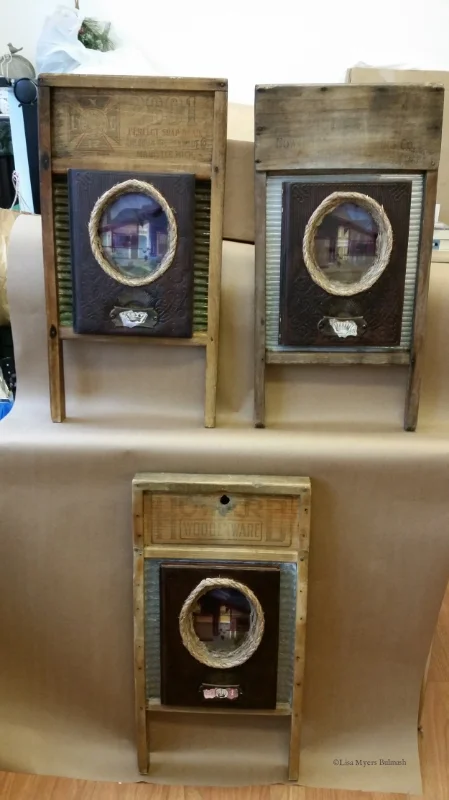 My washboard-mounted altered books, completed earlier this year. ©Lisa Myers Bulmash