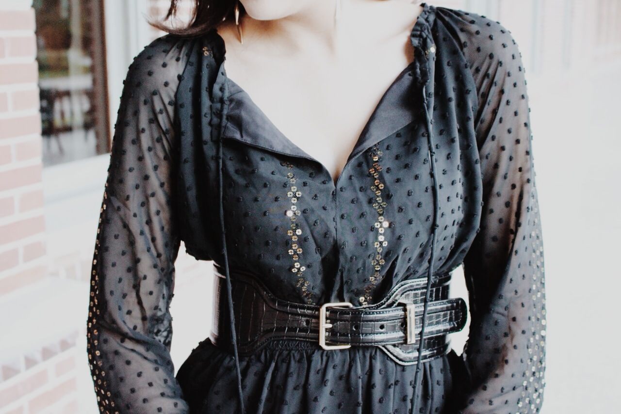 The Swiss dot fabric felt rich, and the sheer peasant sleeves and cinched waist flatters the female shape.