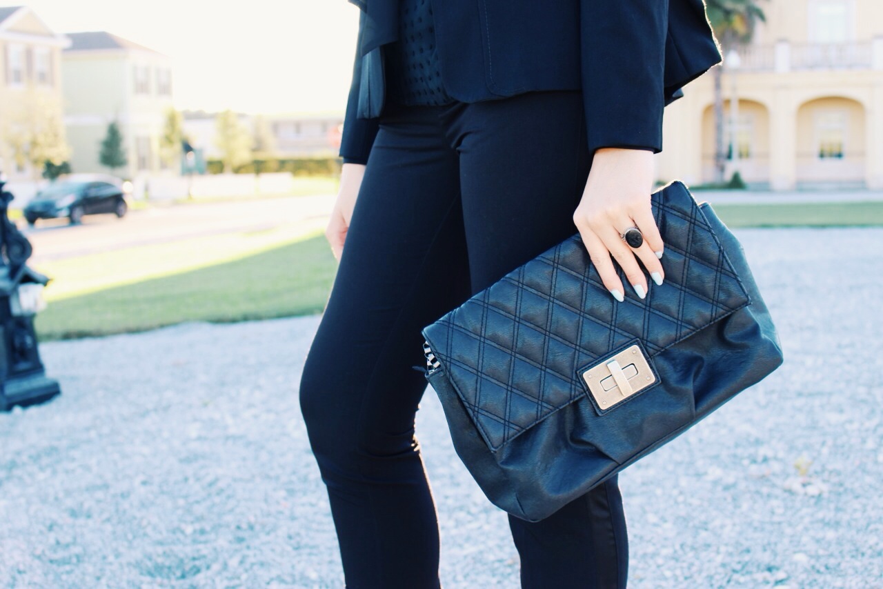 To keep this look classic, I chose a quilted should bag by Simply Vera Wang for Kohl's, tucking in the brushed silver chain straps. I've had it for years and wear it with everything.